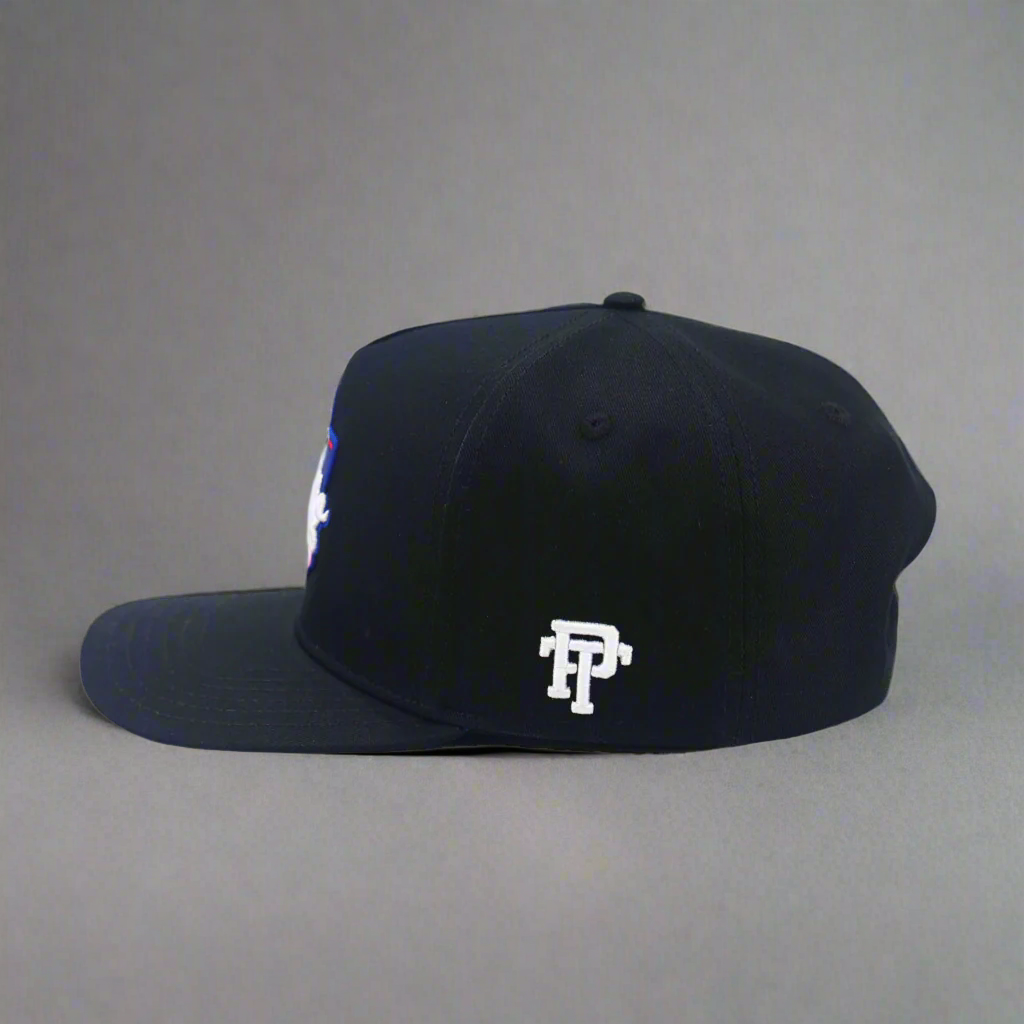 Black cap with a logo on a white background
