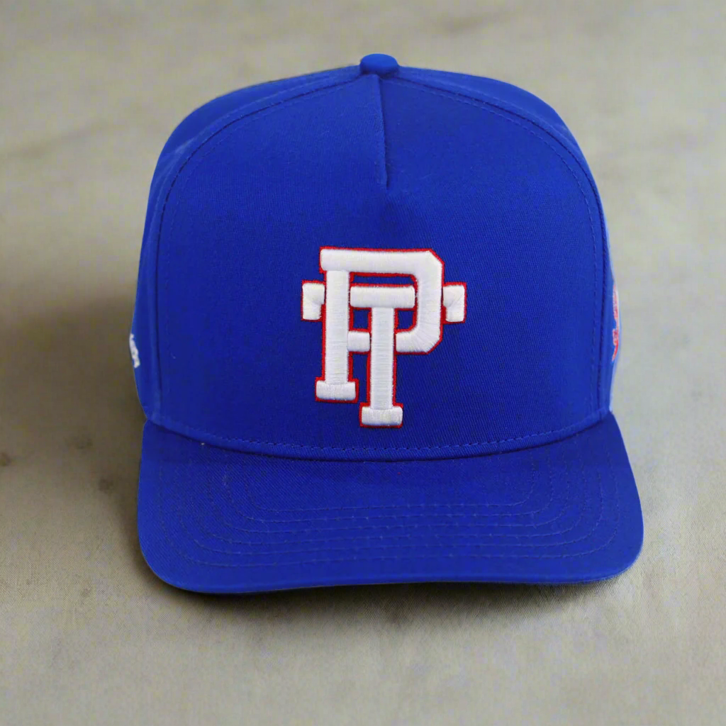 Blue cap with a logo on a white background