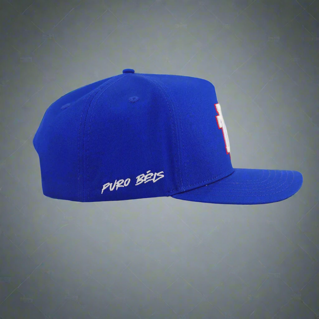 Blue cap with 'Puro Bels' text on a white background