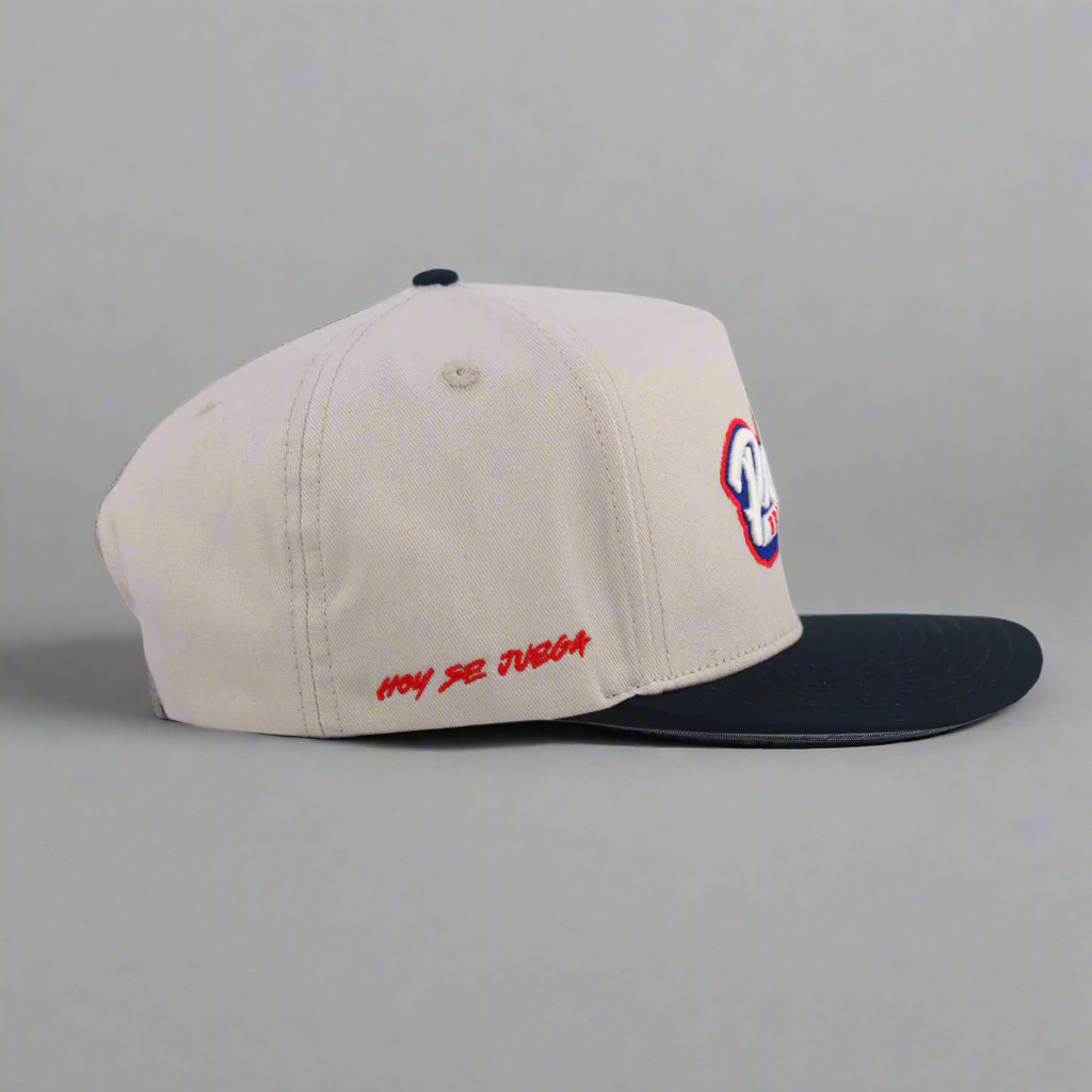 Beige cap with black visor and red text on a white background
