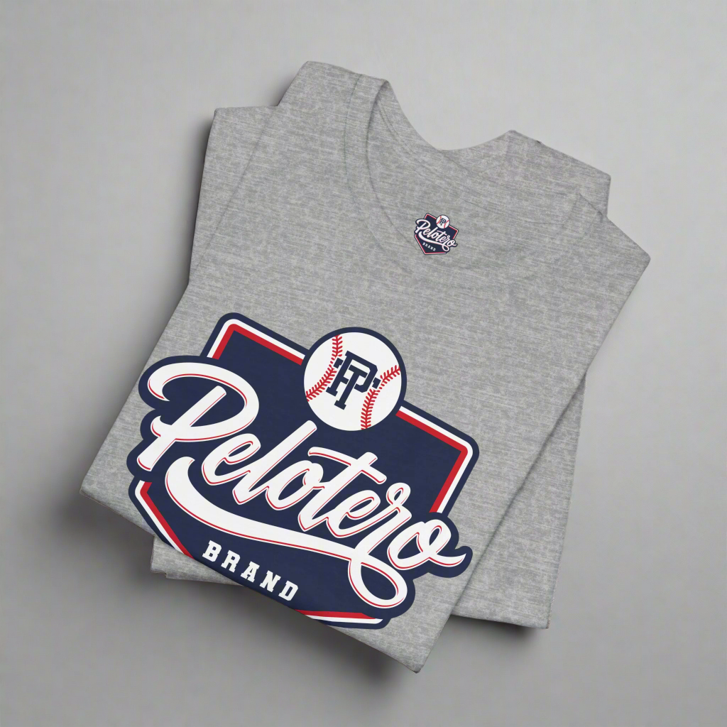 Gray t-shirt with 'Pelotero Brand' logo on a white background