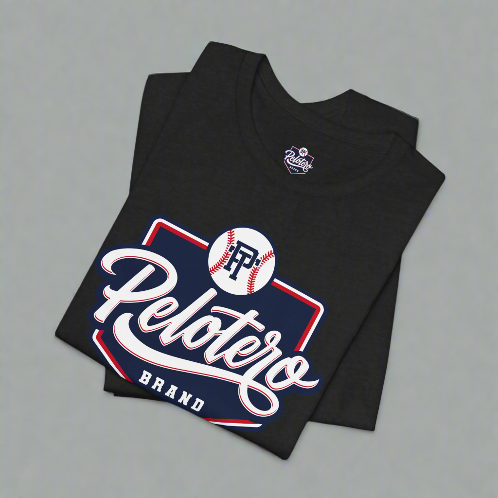 Black t-shirt with 'Pelotero Brand' logo on a white background