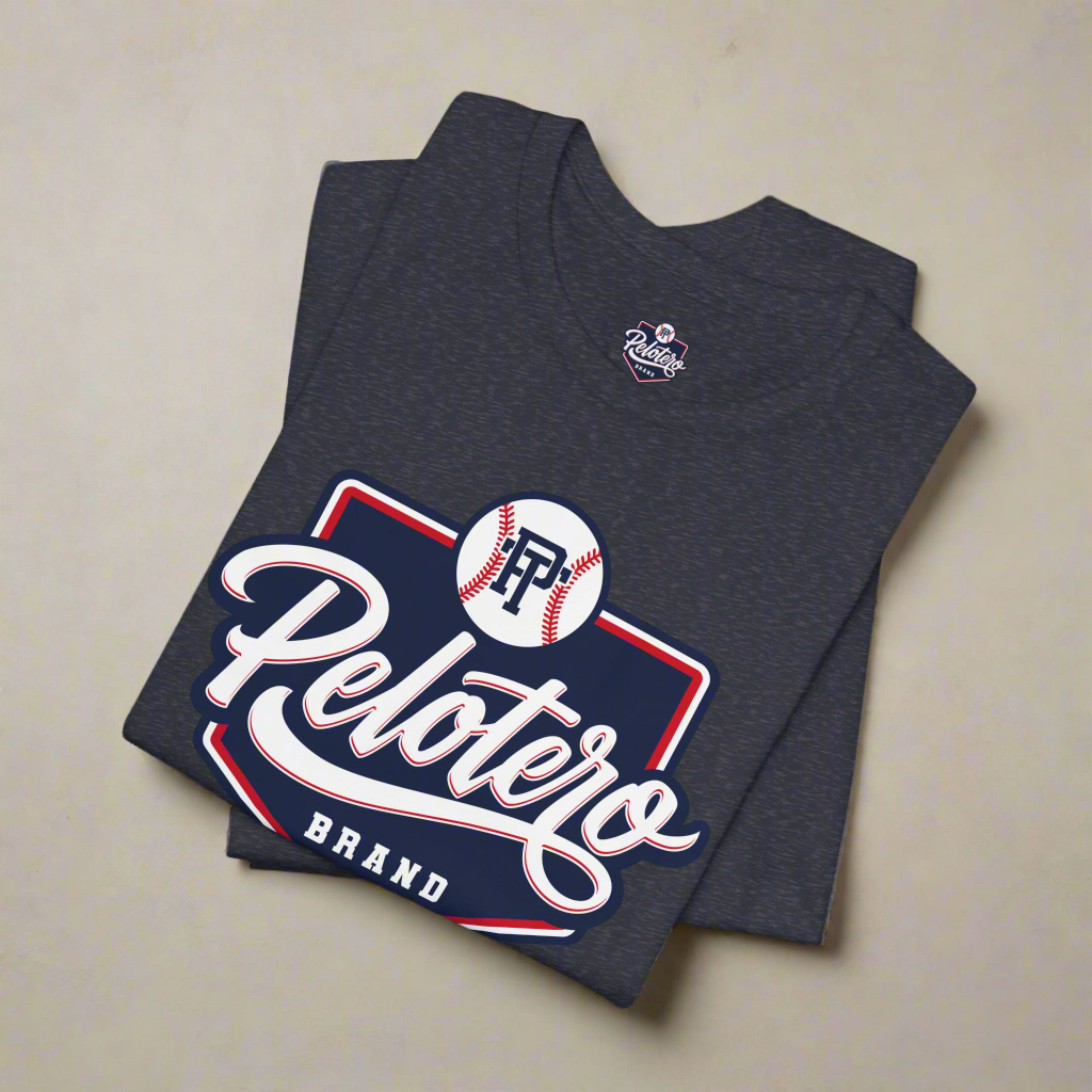 Dark gray t-shirt with Pelotero Brand logo on a white background