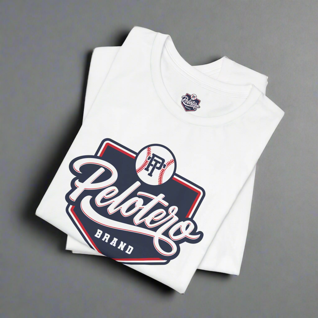 White t-shirt with 'Pelotero Brand' logo on a white background