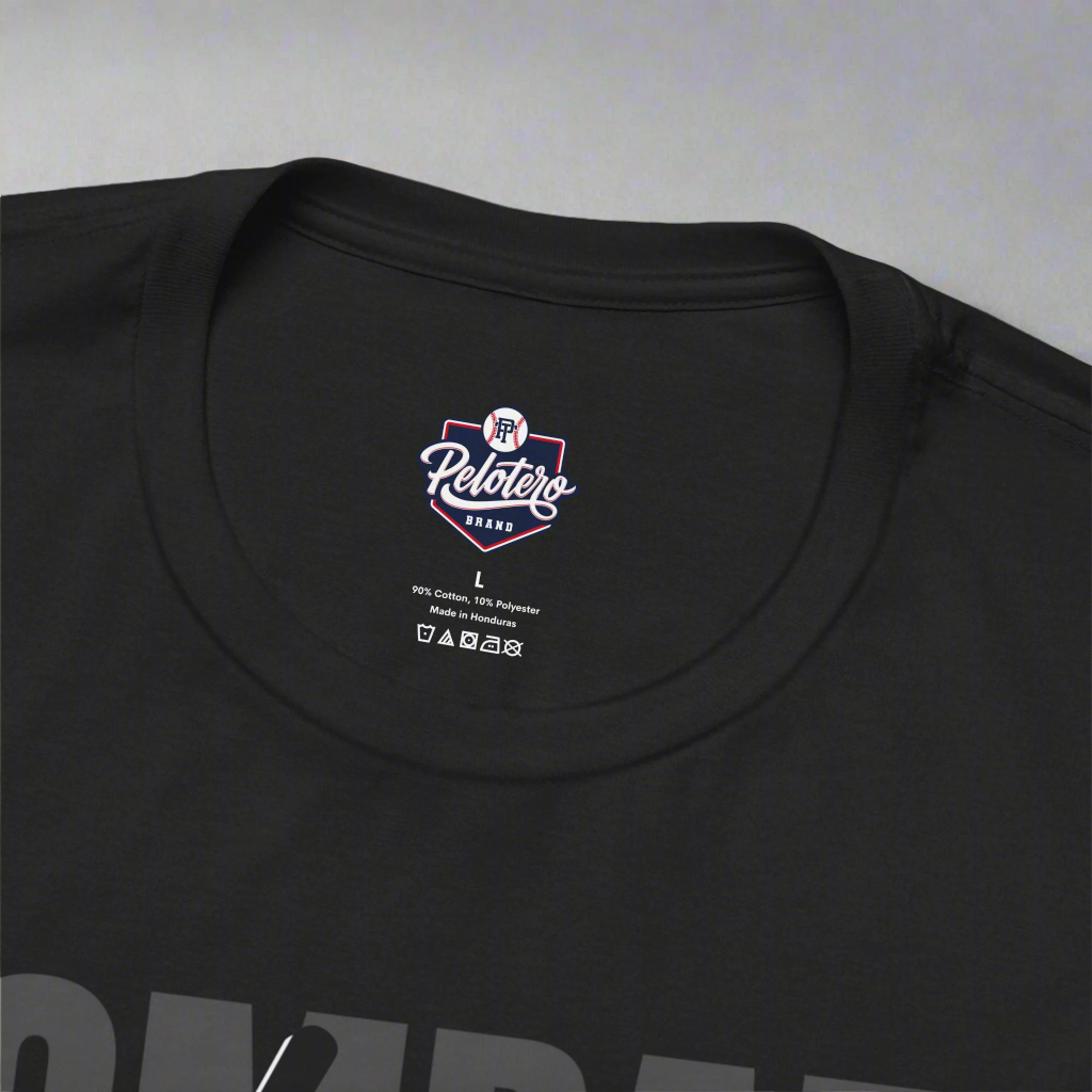 Black t-shirt with a brand logo on the collar against a gray background