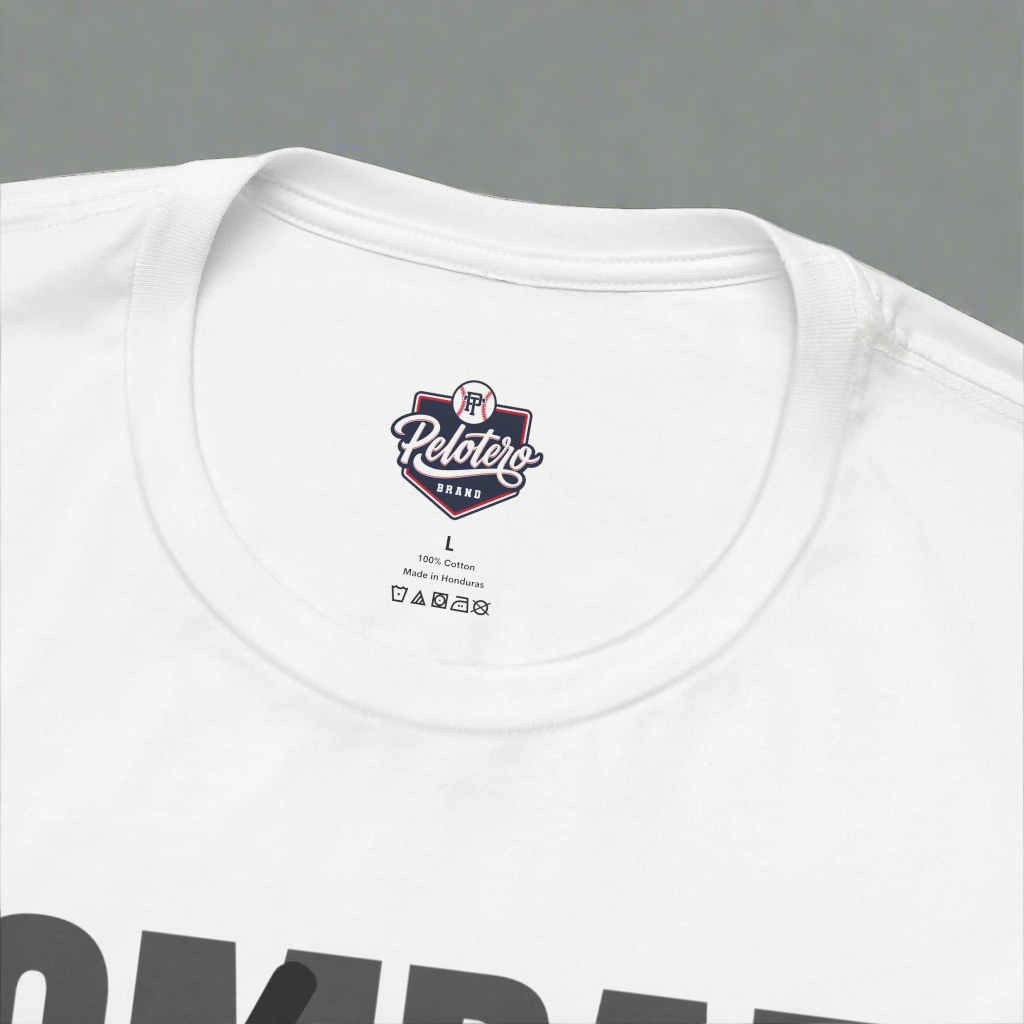 White t-shirt with a logo and text on the collar area