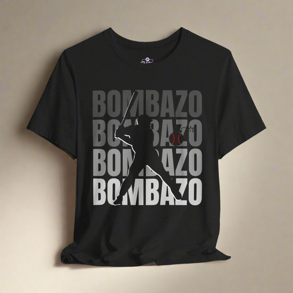 Black t-shirt with 'BOMBAZO' text and graphic on a gray background