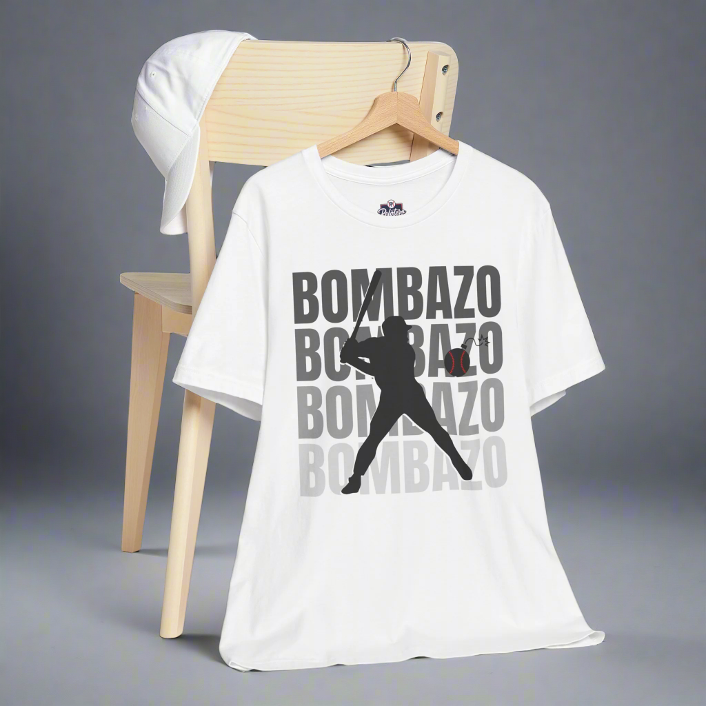 White t-shirt with 'BOMBAZO' text and silhouette of a baseball player on a gray background