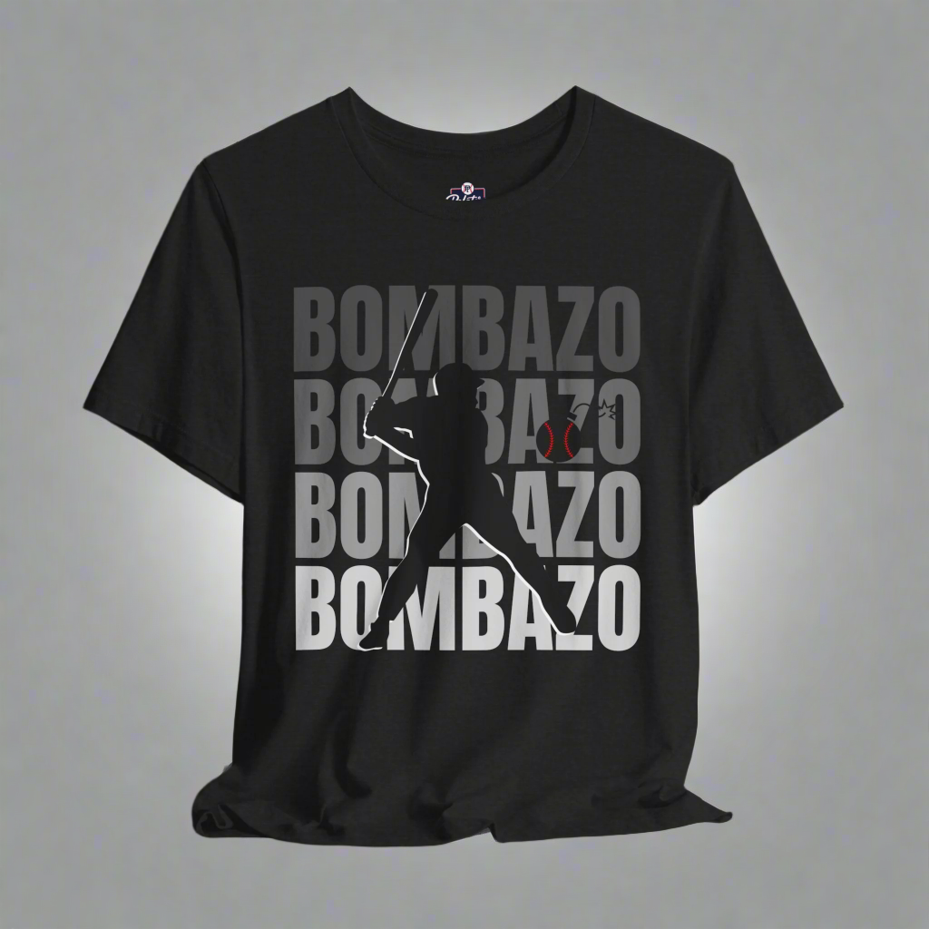 Black t-shirt with 'BOMBAZO' text design on a gray background
