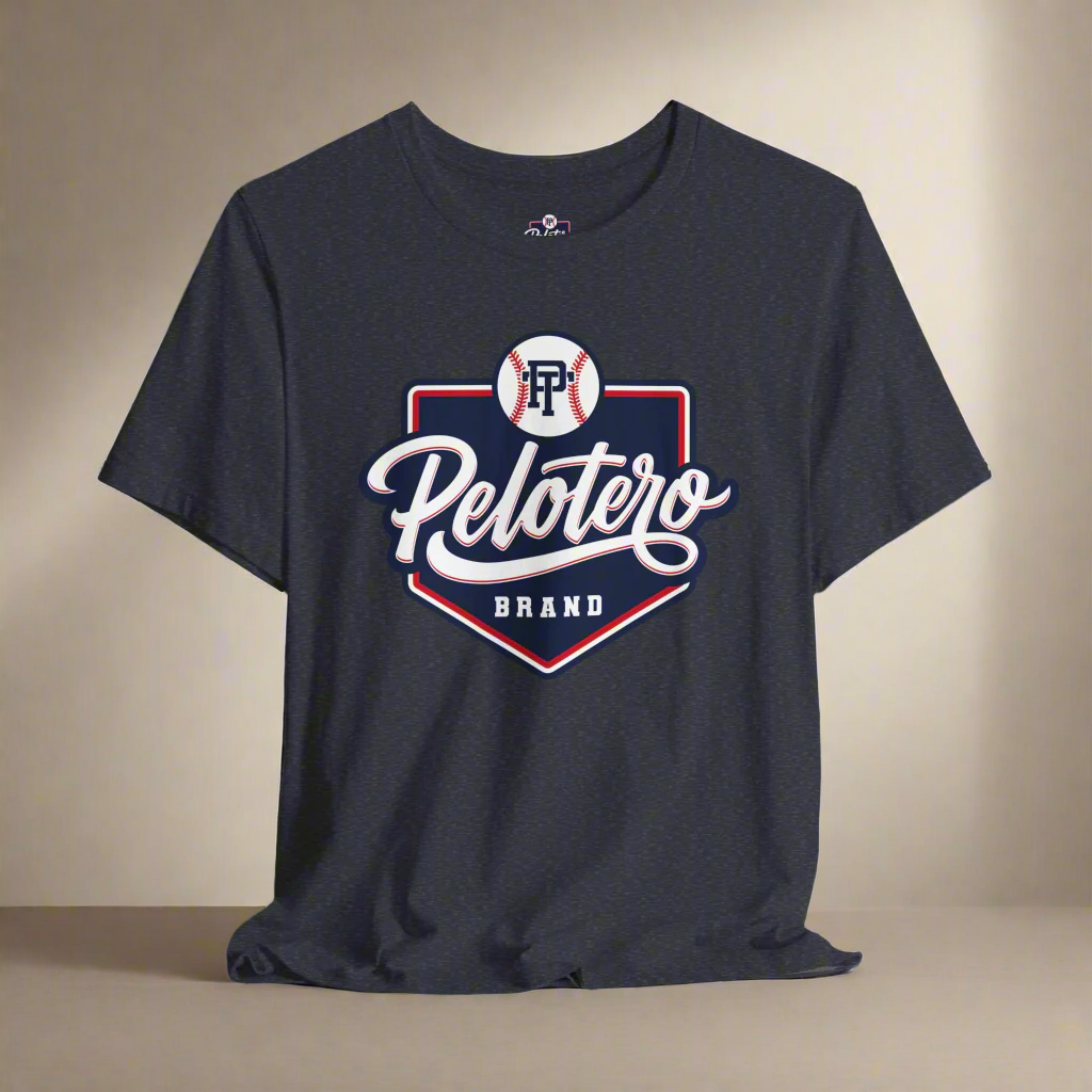 Black t-shirt with 'Pelotero Brand' logo on a gray background