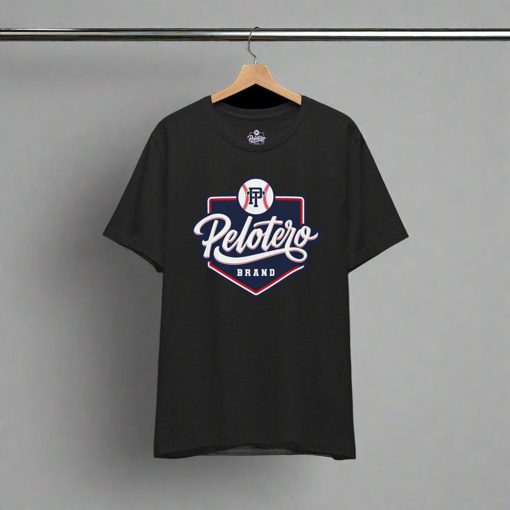 Black t-shirt with 'Pelotero Brand' logo on a hanger against a white background