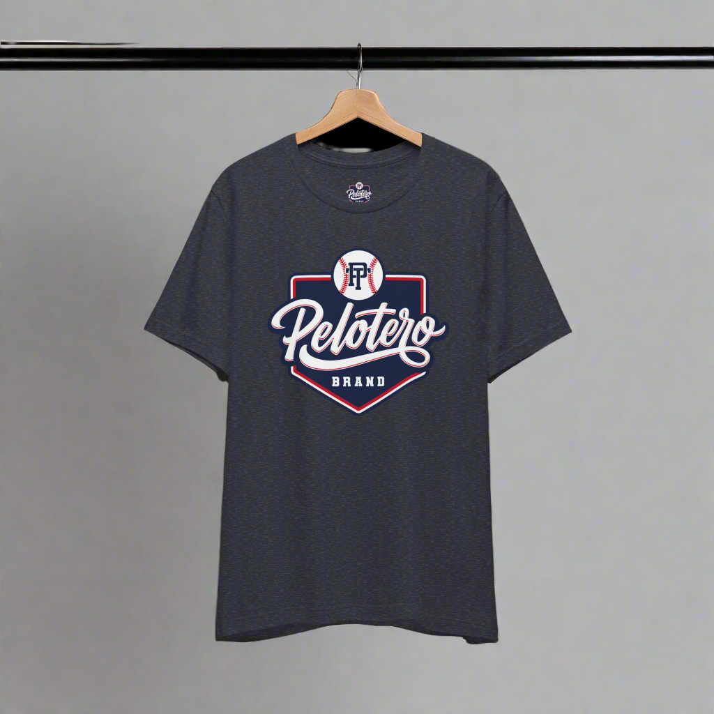 Black t-shirt with 'Pelotero Brand' logo on a hanger against a white background