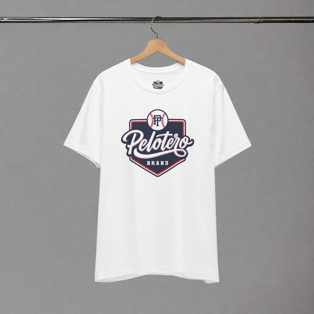 White t-shirt with a logo on a hanger against a white background