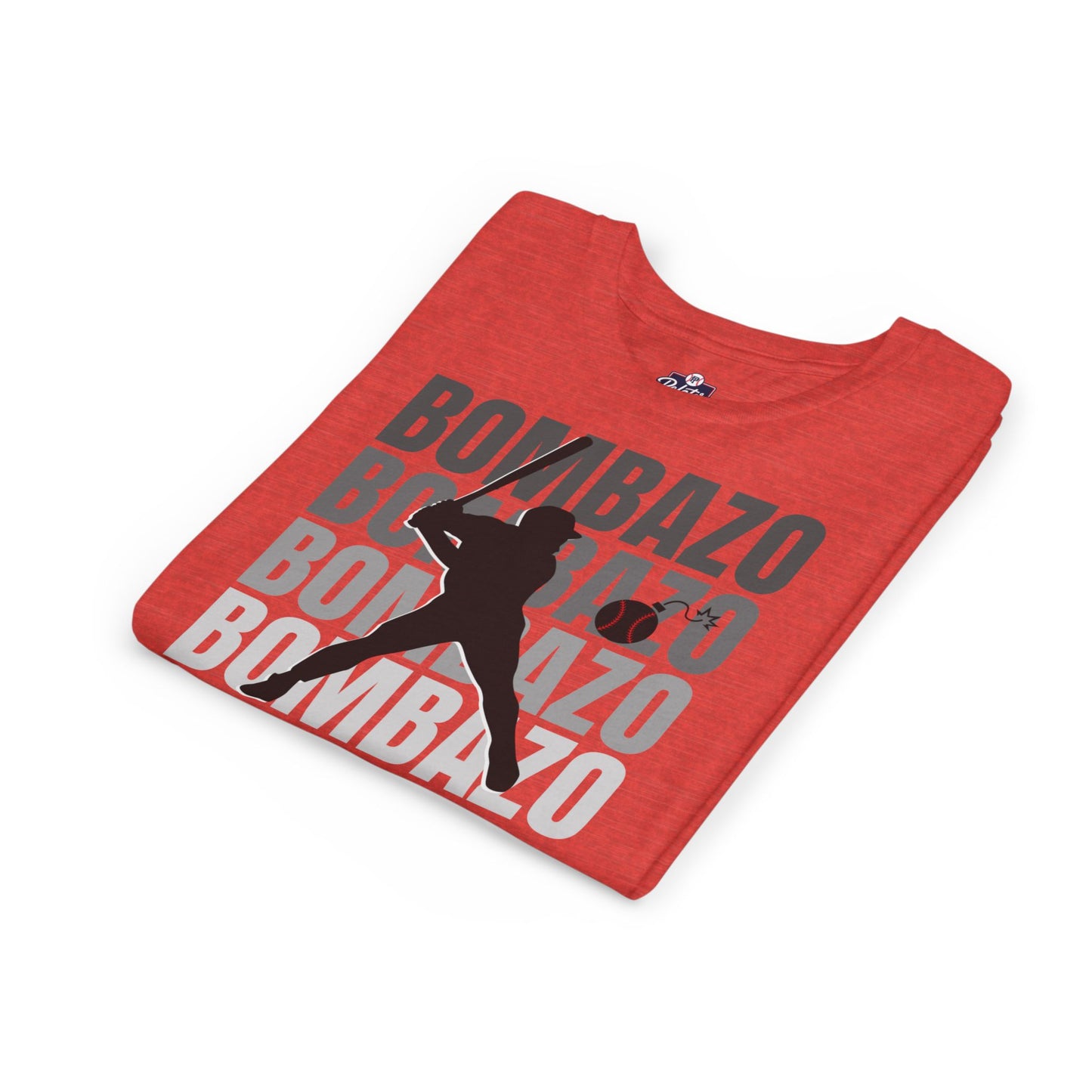 Folded red t-shirt with 'BOMBAZO' text and silhouette design on a white background
