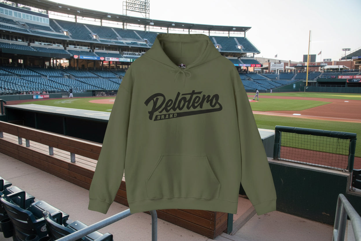Green hoodie with 'Pelotero Brand' text on a white background