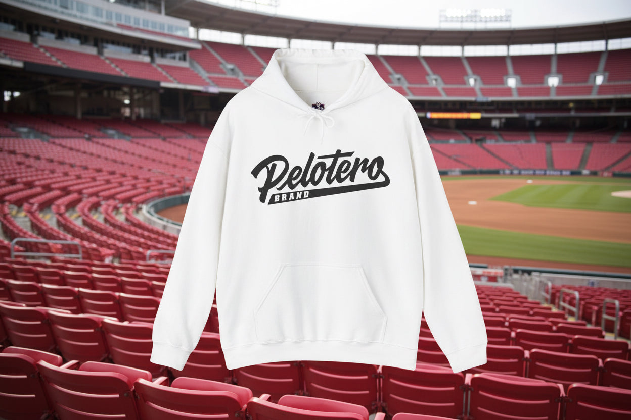 White hoodie with 'Pelotero Brand' text on a white background