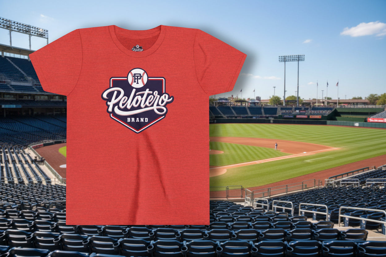 Red t-shirt with 'Pelotero Brand' logo on a white background