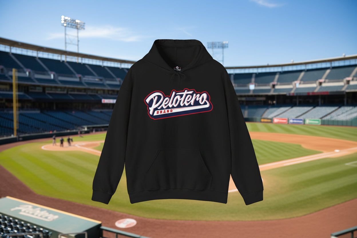 Black hoodie with 'Pelotero Brand' logo on a white background
