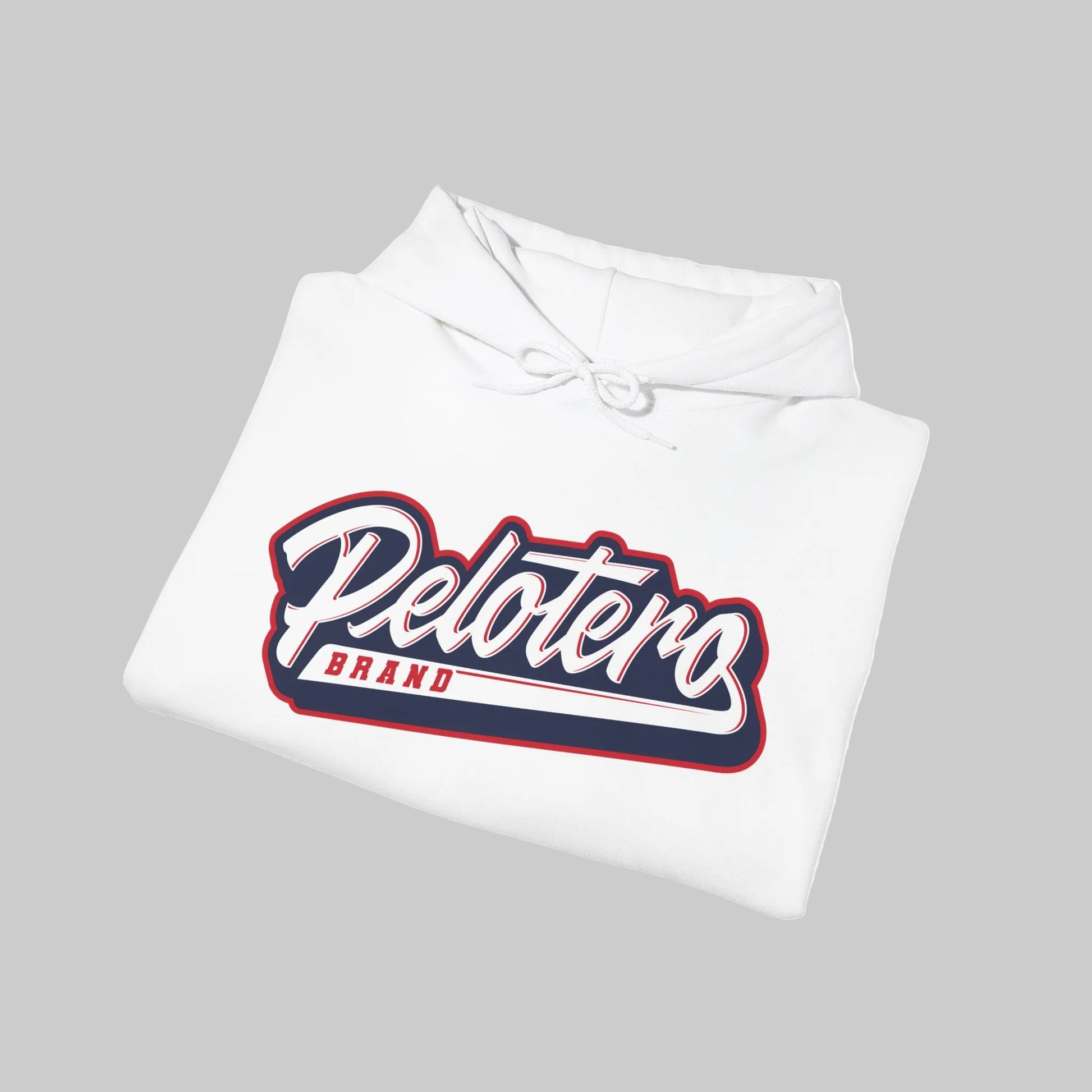 White hoodie with 'Pelotero Brand' logo on a white background