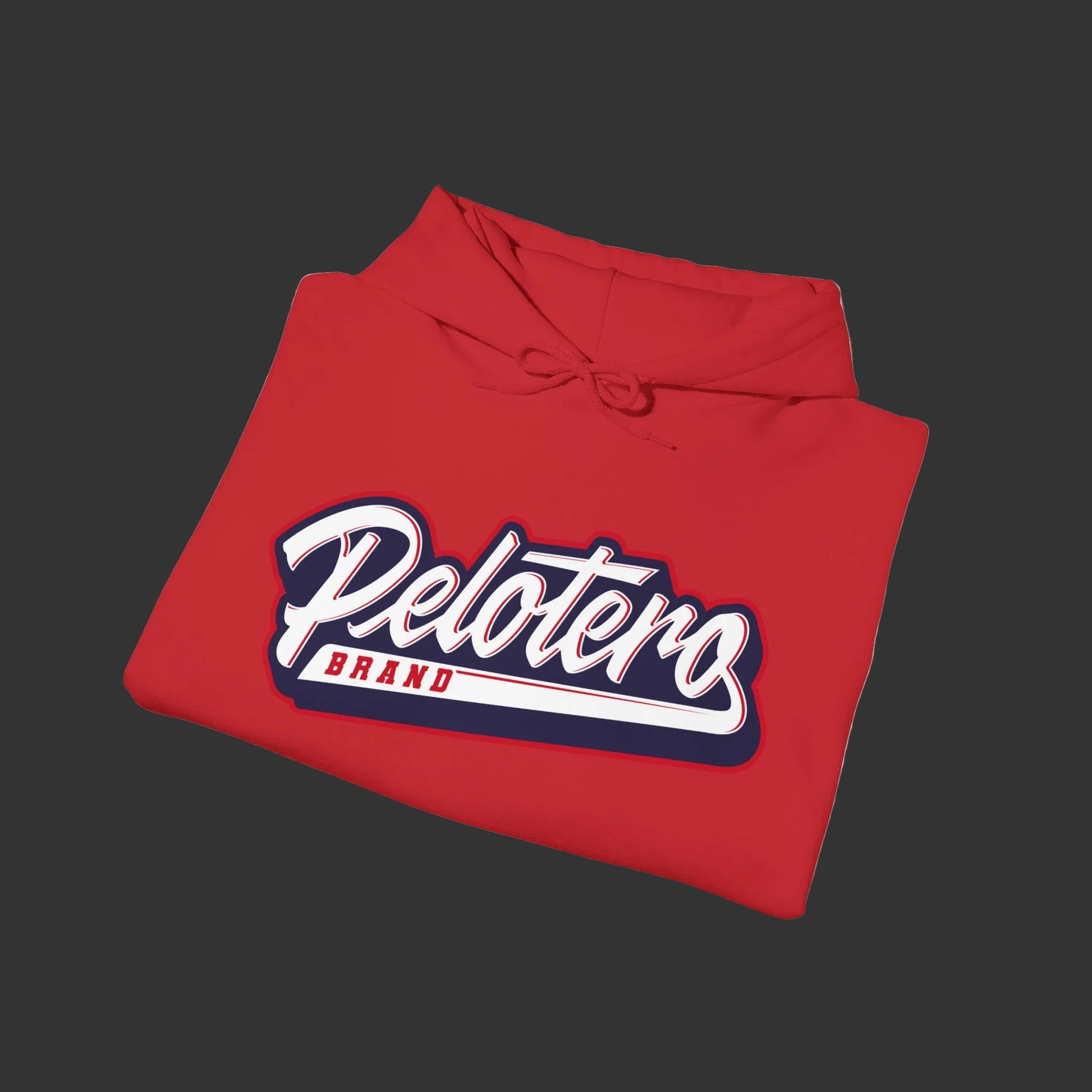 Red hoodie with 'Pelotero Brand' logo on a white background