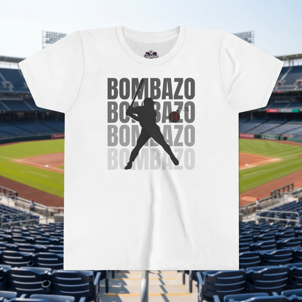 White t-shirt with a graphic of a person playing basketball and the word 'BOMBAZO' repeated.