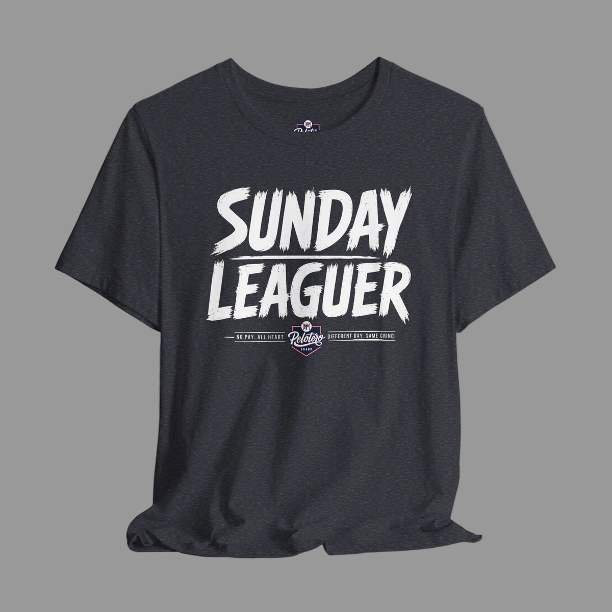 Black t-shirt with white text and skull design on a light gray background