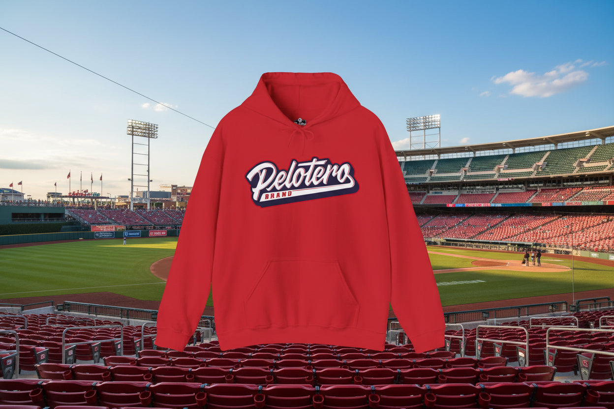 Red hoodie with 'Pelotero Brand' logo on a white background