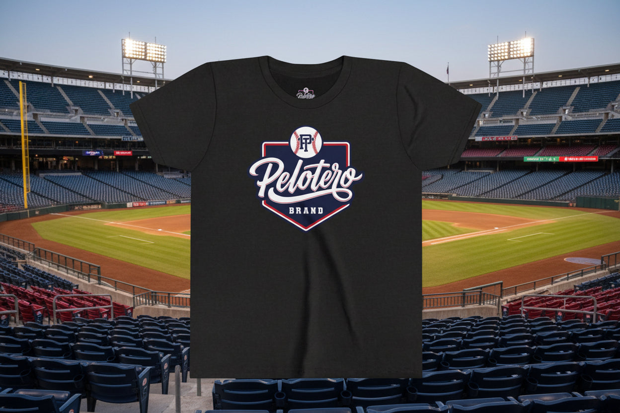 Black t-shirt with 'Pelotero Brand' logo on a white background