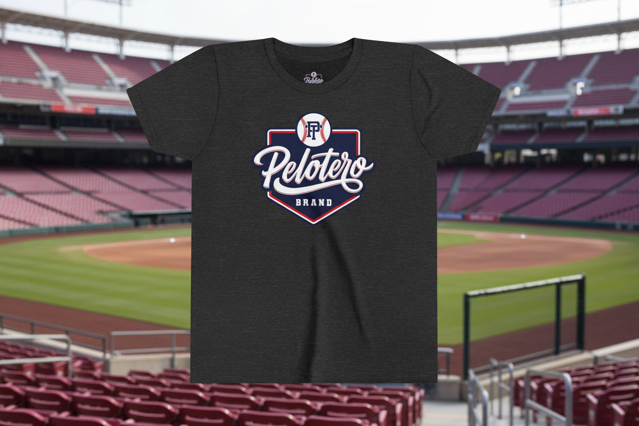 Black t-shirt with 'Pelotero Brand' logo on a white background