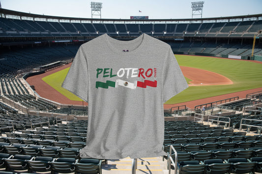 Gray t-shirt with 'PELOTERO' and Mexican flag design on a white background