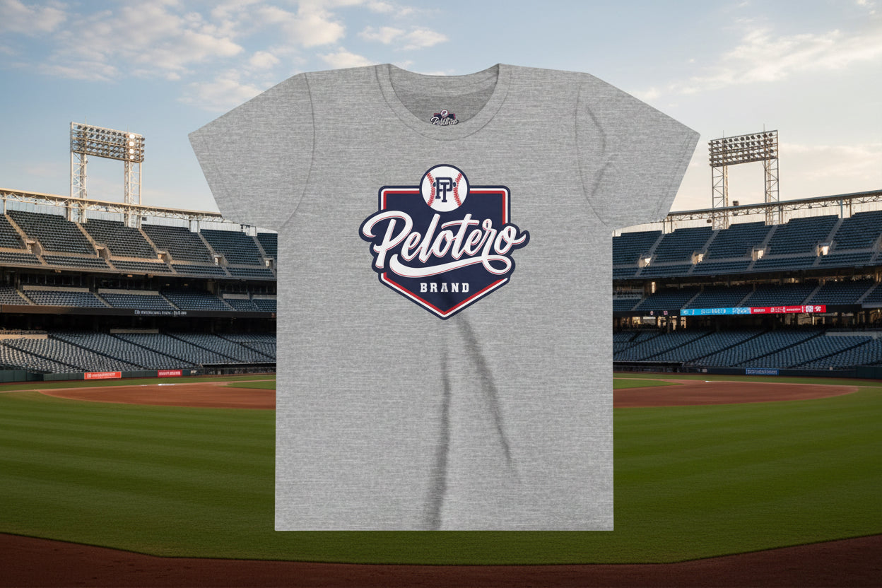 Gray t-shirt with 'Pelotero Brand' logo on a white background