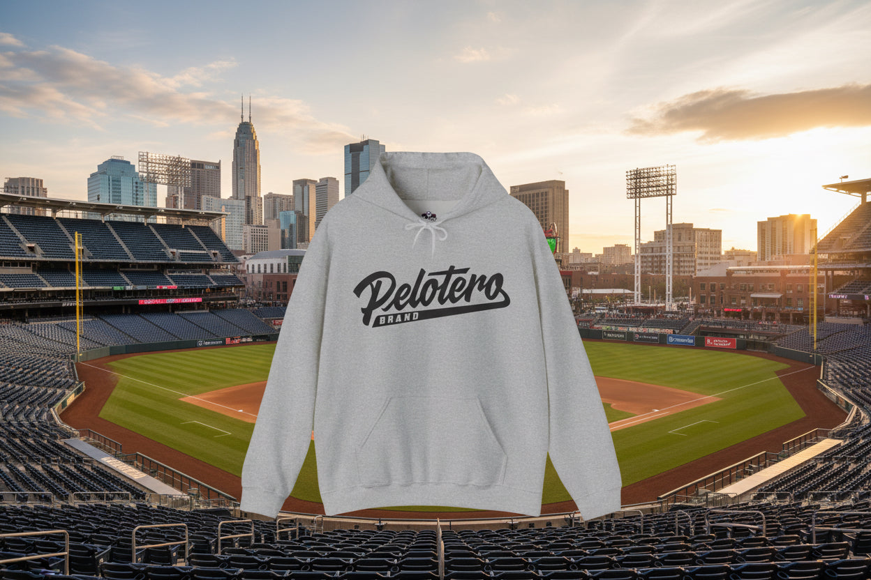 Gray hoodie with 'Pelotero Brand' text on a white background