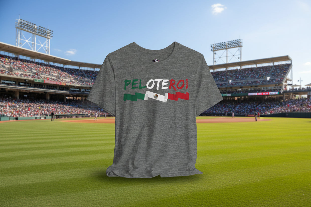 Gray t-shirt with 'PELOTERO' text and Mexican flag design on a white background