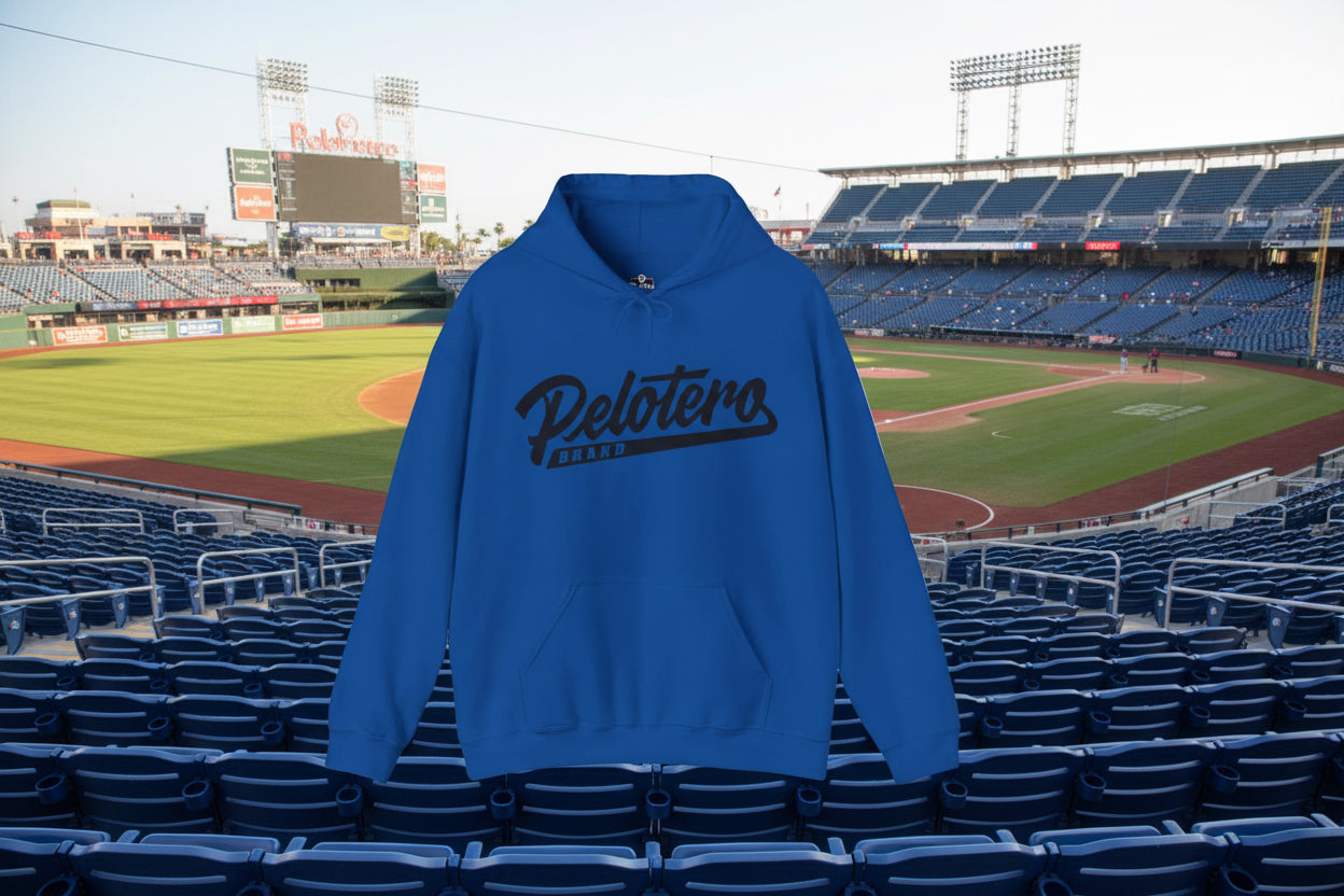 Blue hoodie with 'Pelotero Brand' text on a white background