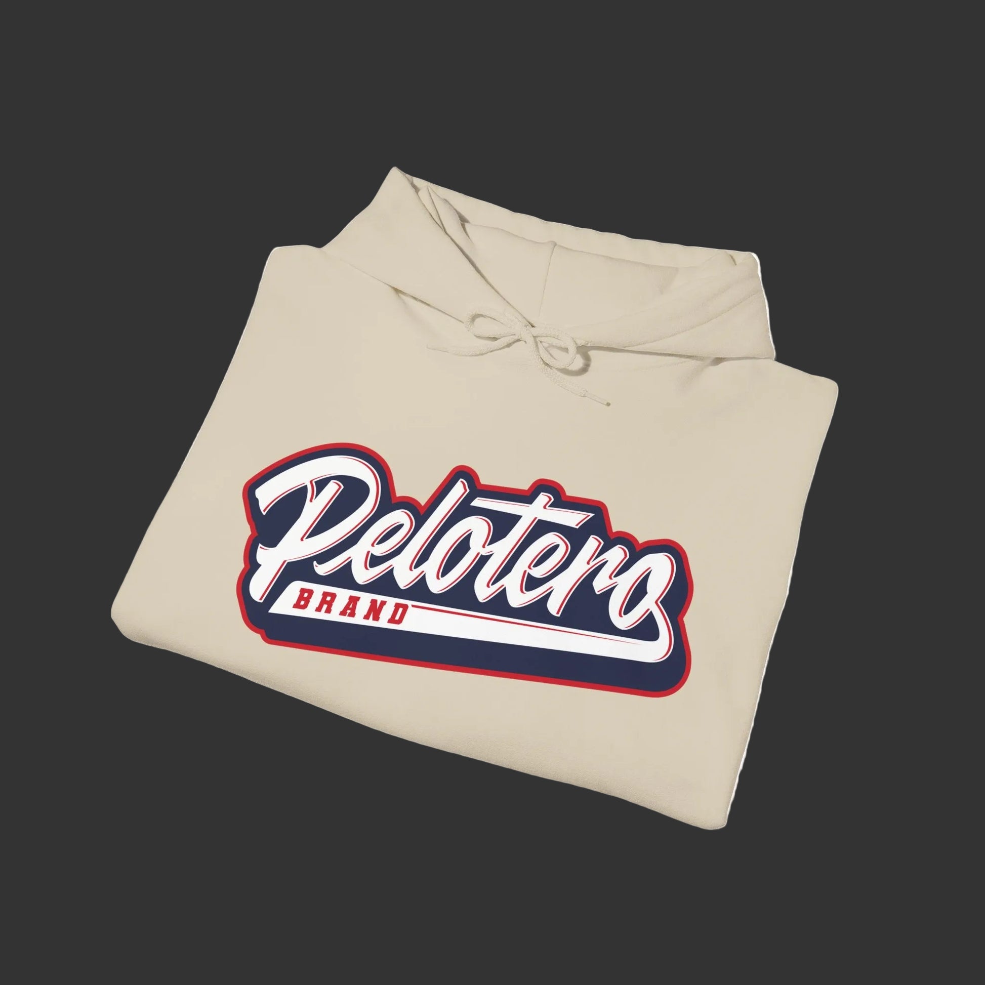 Beige hoodie with 'Pelotero Brand' logo on a white background