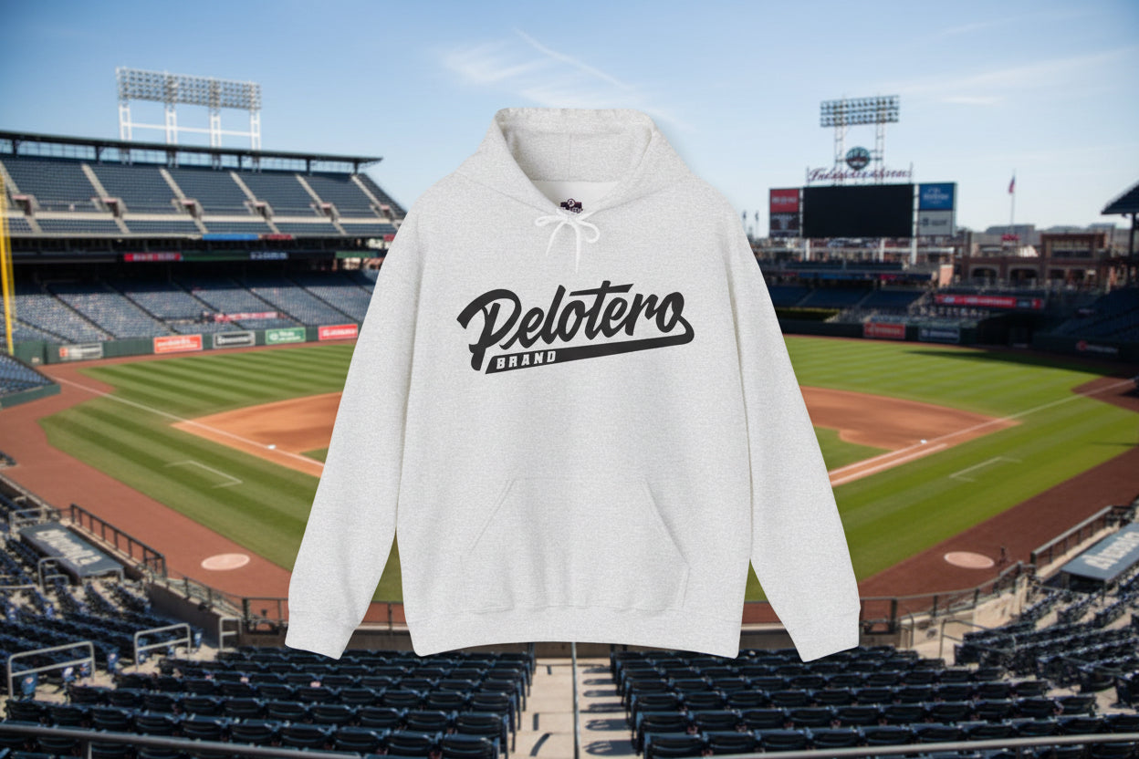 Gray hoodie with 'Pelotero Brand' text on a white background
