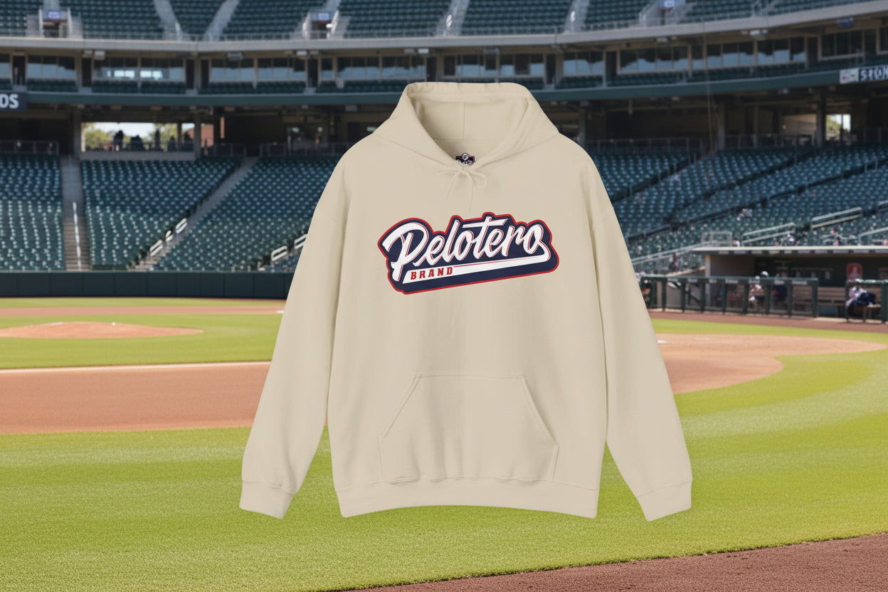 Beige hoodie with 'Pelotero Brand' logo on a white background