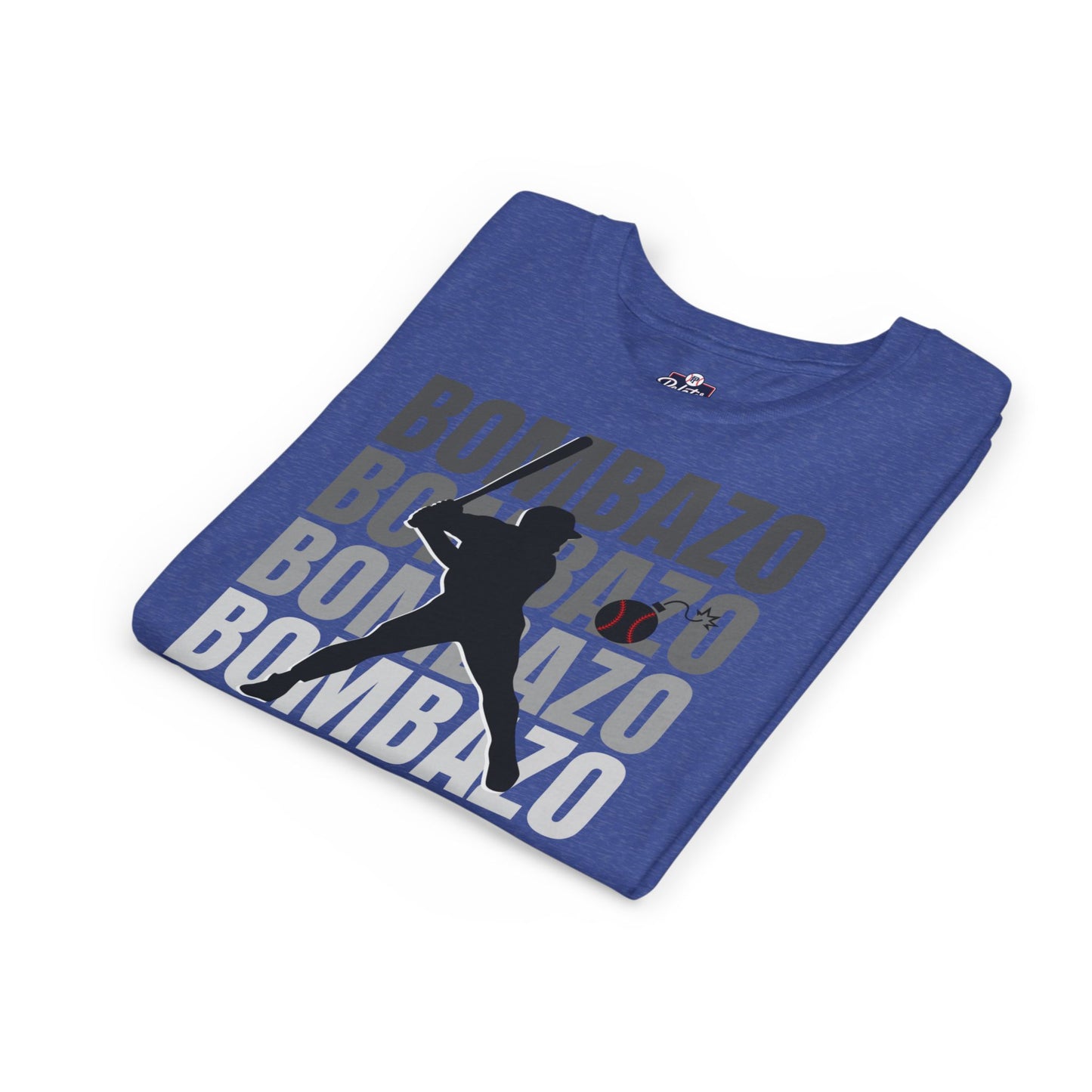 Blue t-shirt with a silhouette of a person and the word 'BOMBAZO' printed on it, folded on a white background.