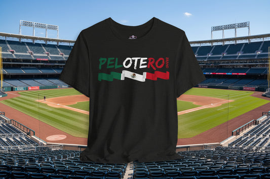 Black t-shirt with 'PELOTERO' text and Mexican flag design on a white background