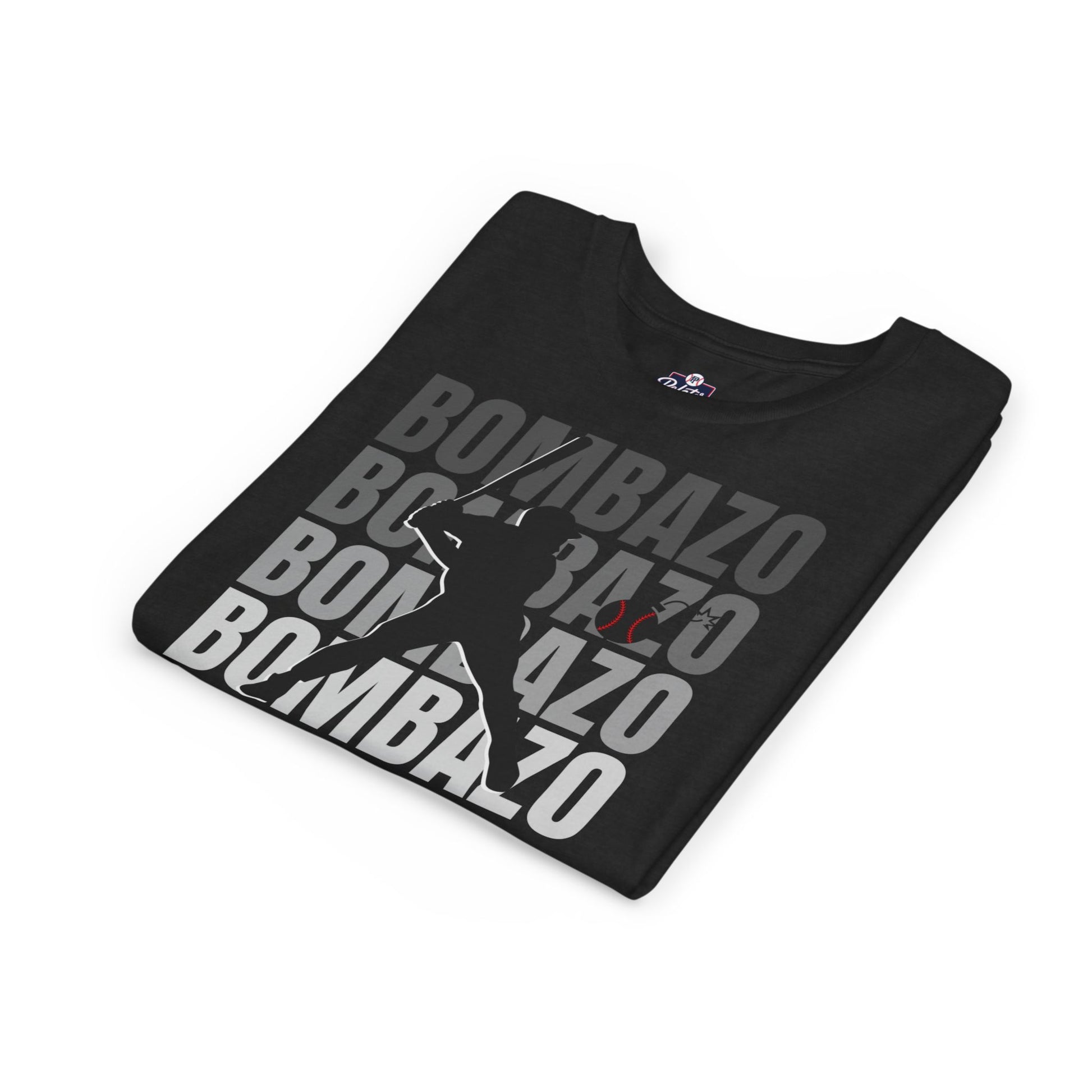 Black t-shirt with 'BOmbazo' text design on a white background
