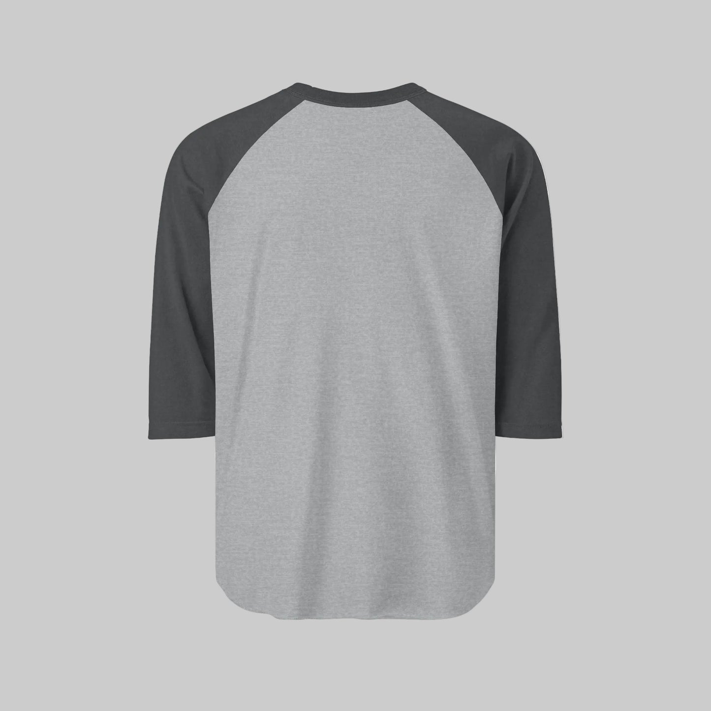 Gray baseball shirt with black sleeves on a white background