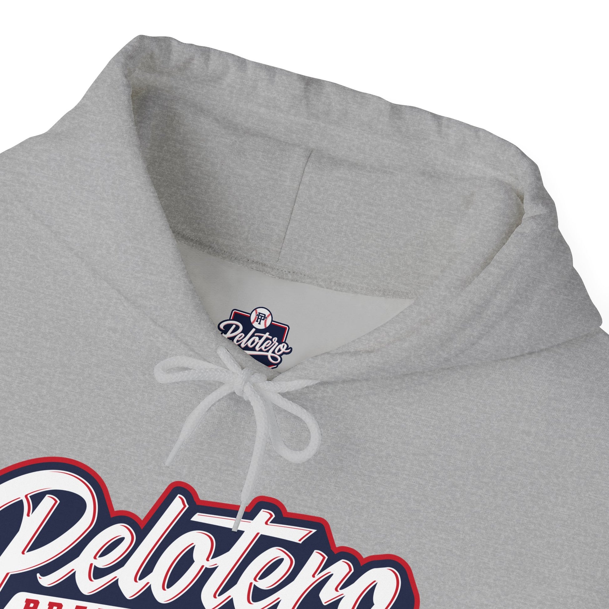 Gray hoodie with 'Pelotero' branding on a white background