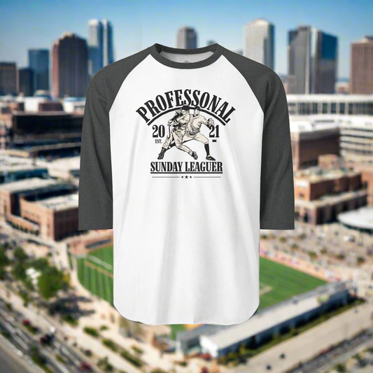 Baseball jersey with 'Professional Sunday Leaguer' design over a cityscape background
