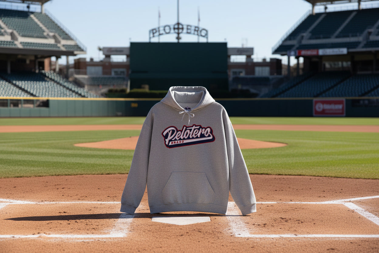 Gray hoodie with 'Pelotero Brand' logo on a white background