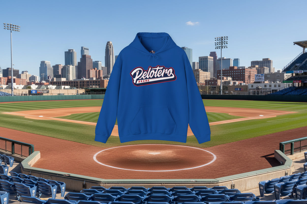 Blue hoodie with 'Pelotero Brand' logo on a white background