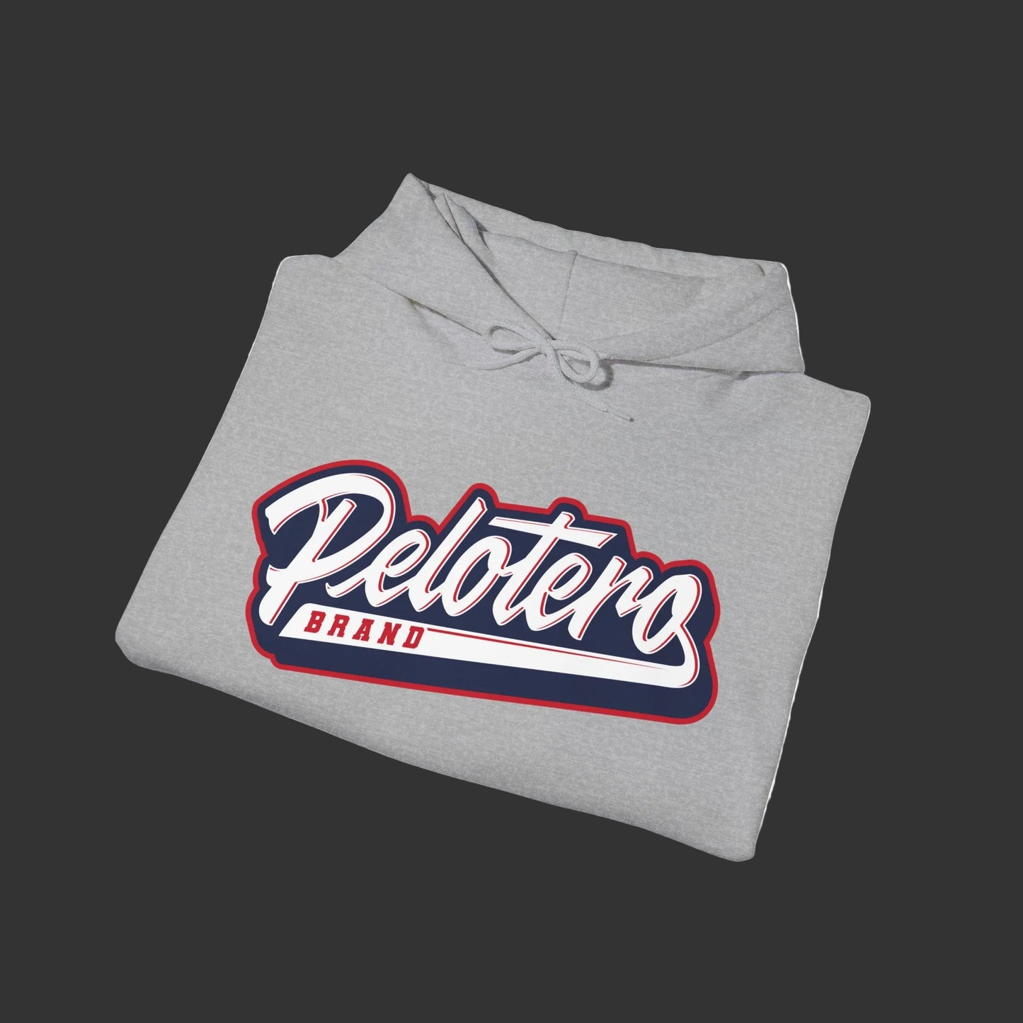Folded gray hoodie with 'Pelotero Brand' logo on a white background