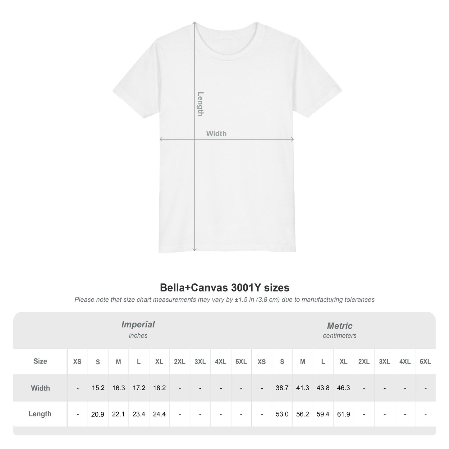 White t-shirt with measurement markings and size chart on a white background