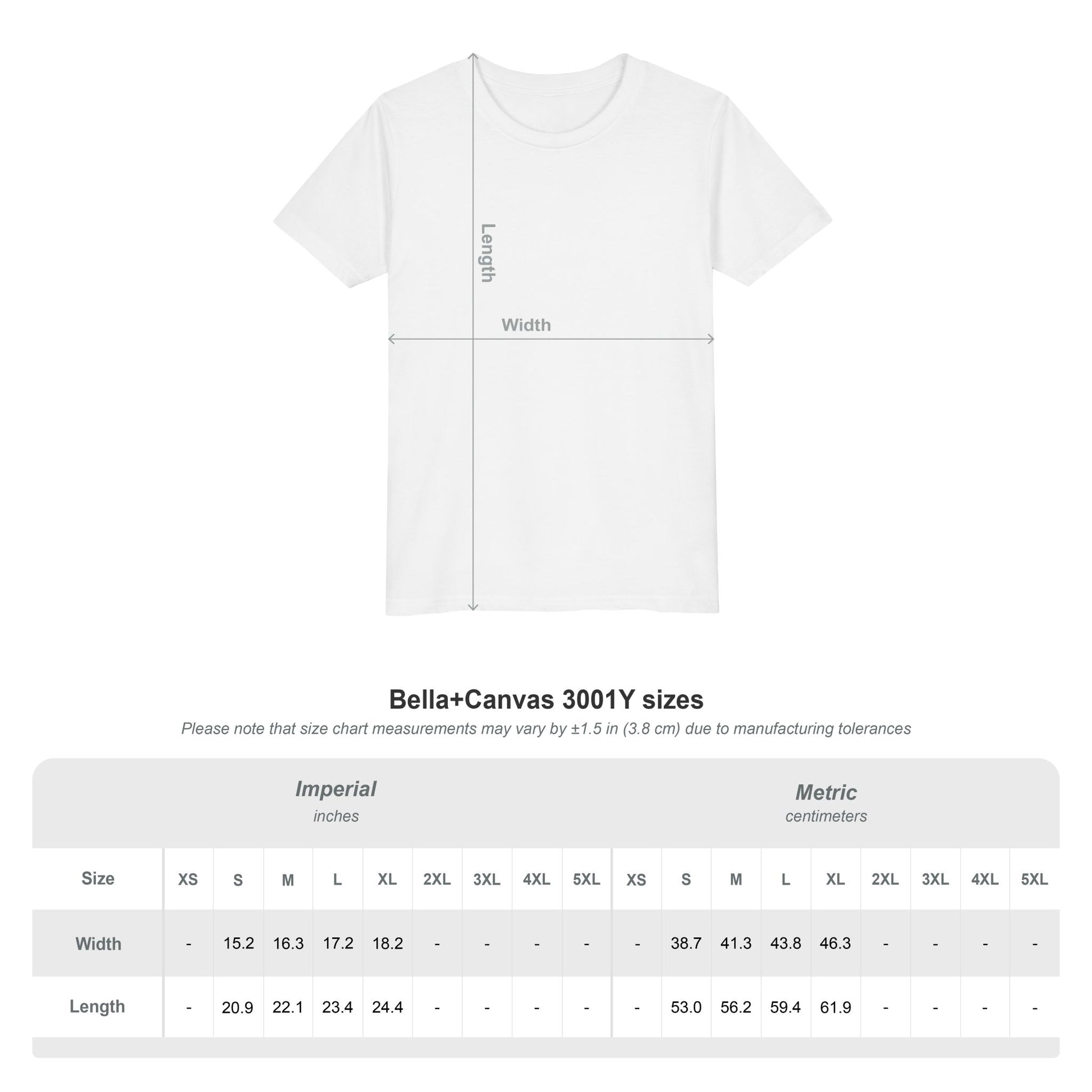 White t-shirt with measurement markings and size chart on a white background