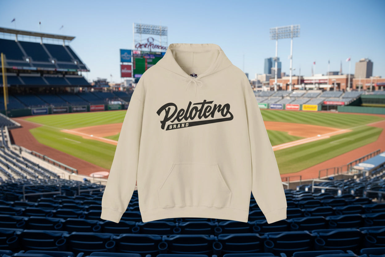 Beige hoodie with 'Pelotero Brand' text on a white background