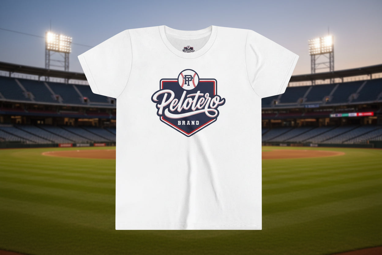 White t-shirt with 'Pelotero Brand' logo on a white background